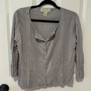 Vintage Grey Silk Floral Embroidered Button Cardigan‎ - Size Medium